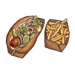 Ilustrácia amerického hot dogu s hranolkami