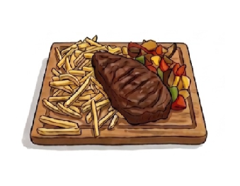 Ilustrácia hovädzieho BBQ steaku na drevenej doske