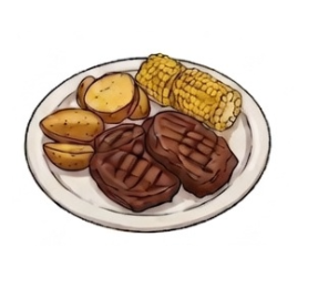 Ilustrácia kovbojského taniera so steakom, zemiakmi a kukuricou